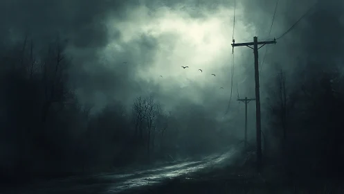 Foggy rural road with power lines under dark sky.