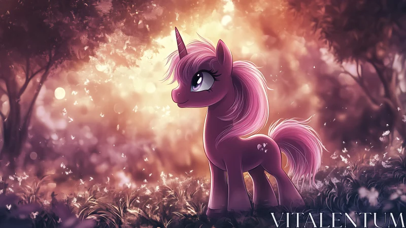 Backlit pink unicorn pony stands in glowing bokeh forest clearing