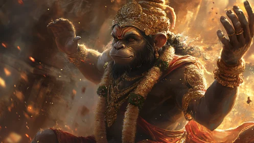 Mythic warrior deity rendered in fiery digital realism.