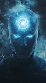 Cosmic third‑eye sentinel crowned in electric blue aura.