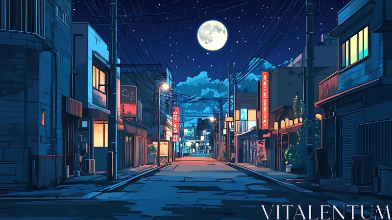 Moonlit anime street glows softly under a clear urban night