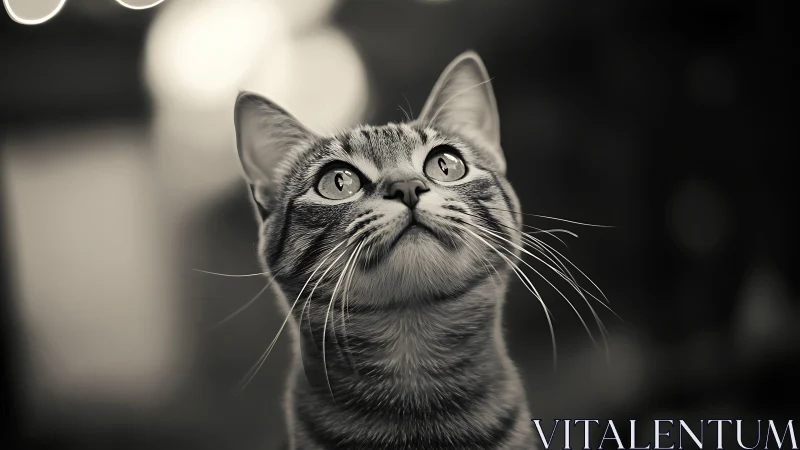 Tabby Cat Looking Upward in Monochrome Portrait.