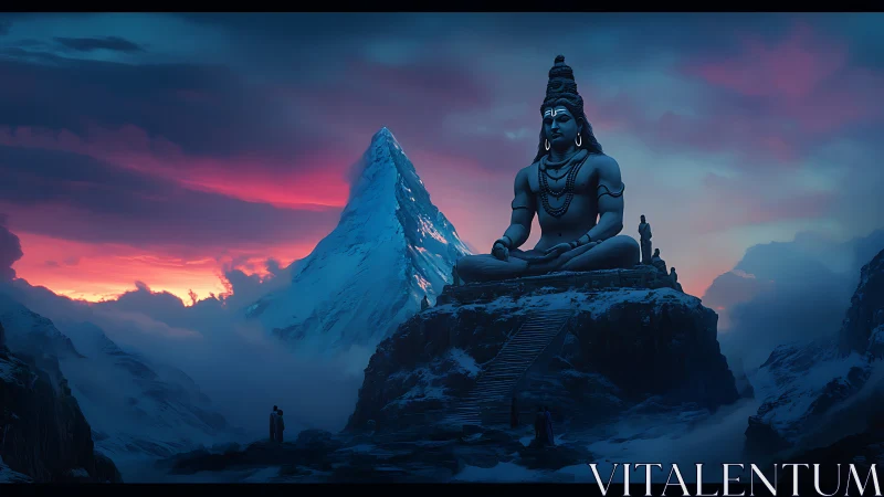 Colossal seated deity statue dominates icy mountain landscape