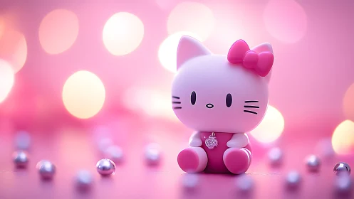 Sweet pink kitty figurine sits in a dreamy pastel glow