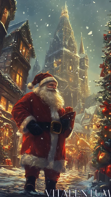 Santa strolling through glowing medieval Christmas market.