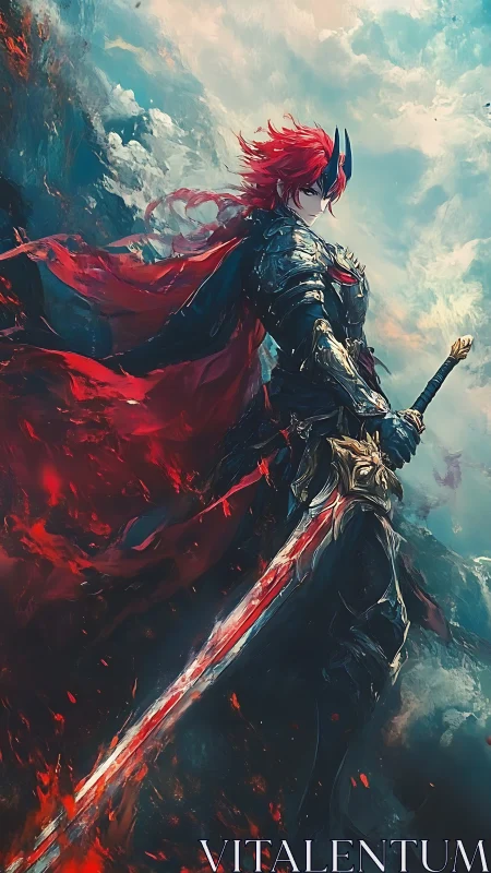 Crimson storm knight ignites a sky of fire and thunder.