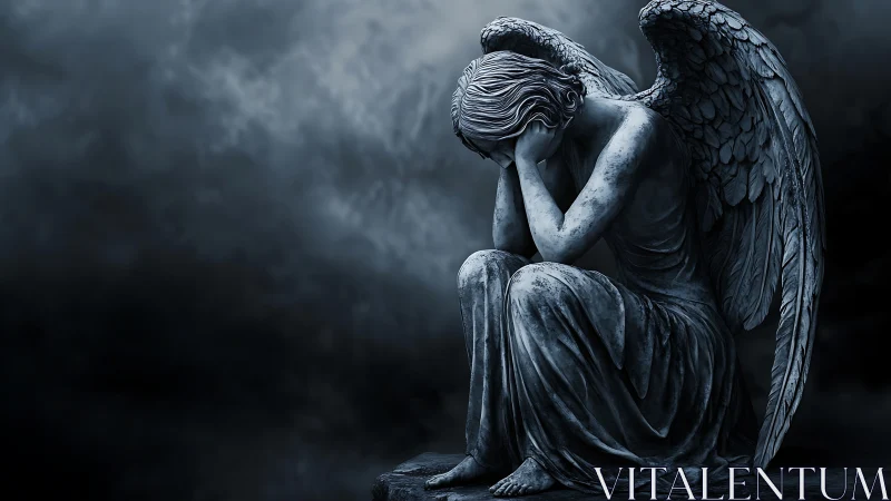 Melancholic stone angel kneels in chiaroscuro storm light