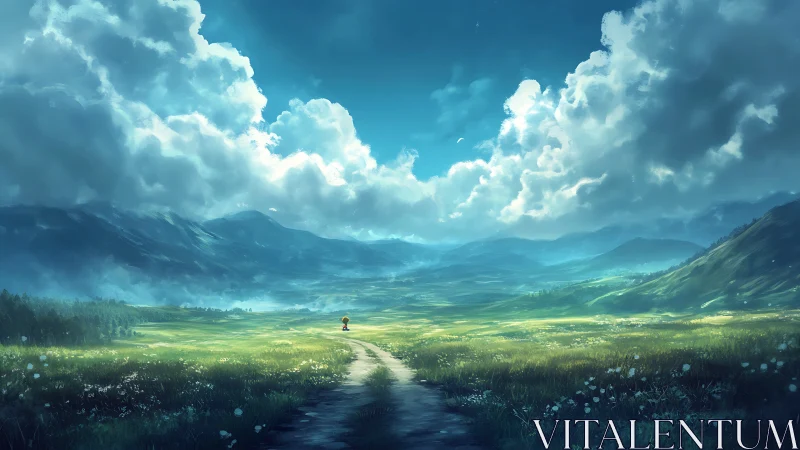 Atmospheric valley panorama with lone traveler under cumulonimbus.