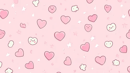 Kawaii heart icon pattern uses flat shading on pastel pink field