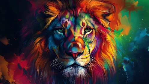 Vibrant neon lion portrait radiates intense chromatic power.