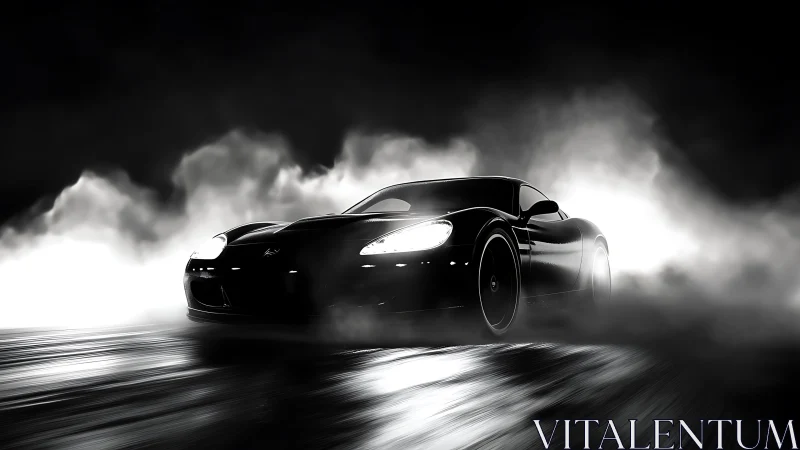 Midnight sports car cutting through illuminated drifting fog.
