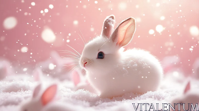 Snowy white bunny glows softly in a dreamy pink dusk