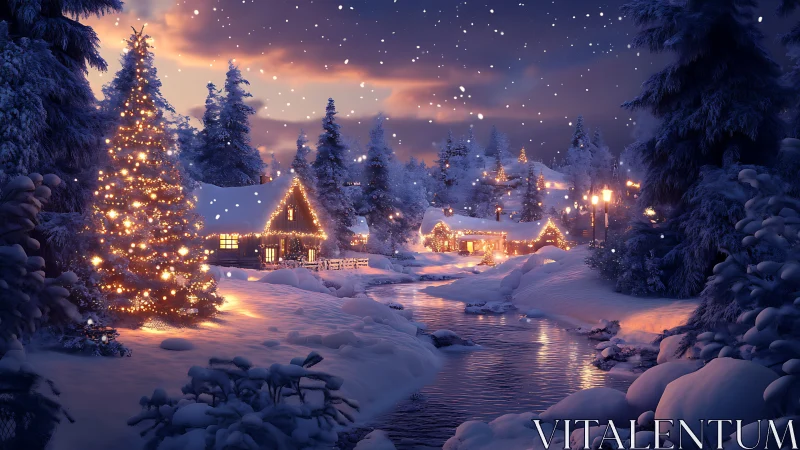 Cozy winter village glowing with gentle holiday lights.