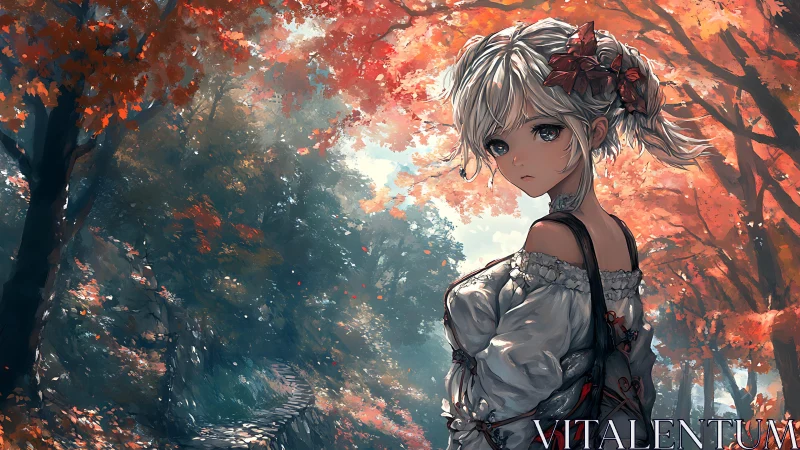 Melancholic girl walks a glowing autumn forest path