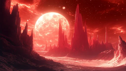 Scarlet alien cliffs glow softly beneath a looming crimson moon