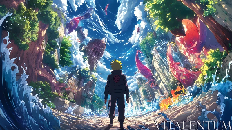 Central figure observes dynamic urban landscape with water effects