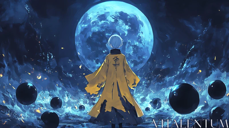 Luminous lunar vortex with cloaked figure and orbiting voids.