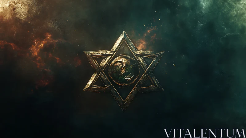 Celestial hexagram sigil burnishes the void with mythic fire.
