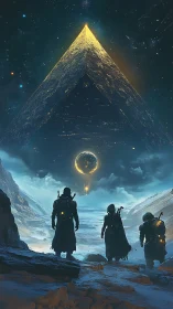 Explorers approach colossal alien pyramid beneath fractured sun