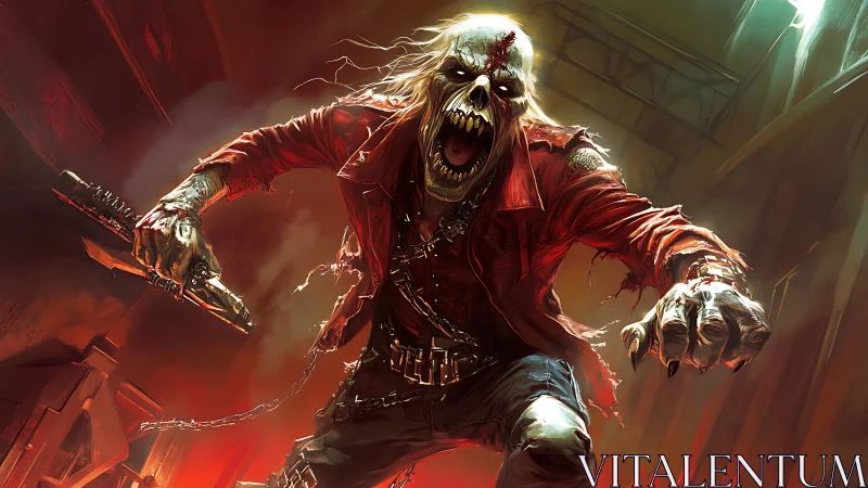 Undead punk warrior charges through burning industrial ruin.