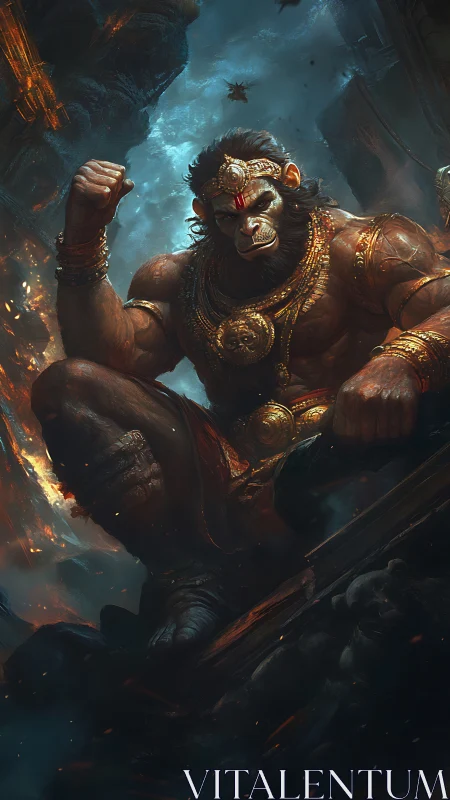 Mythic warrior monkey god in molten battlefield environment