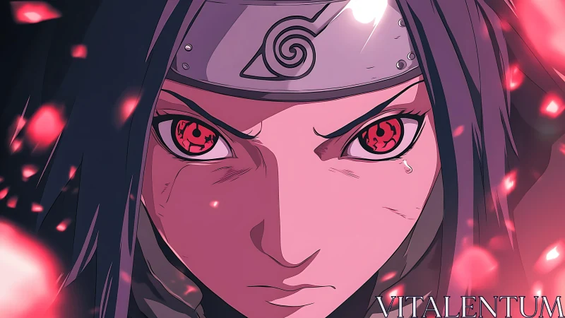 Intense shinobi portrait with glowing crimson eyes focus.