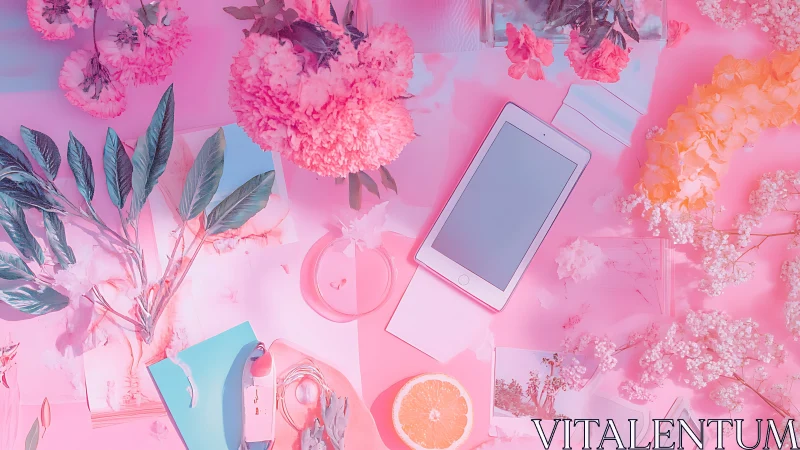 Flat lay digital workspace under monochromatic pink floral lighting
