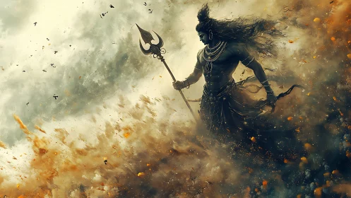 Mythic warrior holding trident strides through swirling storm