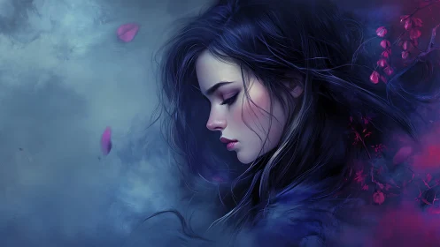 Soft midnight reverie with falling petals and quiet dreams.