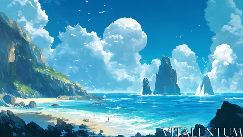 Coastal Paradise with Towering Rock Formations and Luminous Sky.