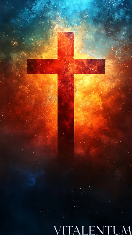 Radiant cross glows gently amid swirling cosmic color