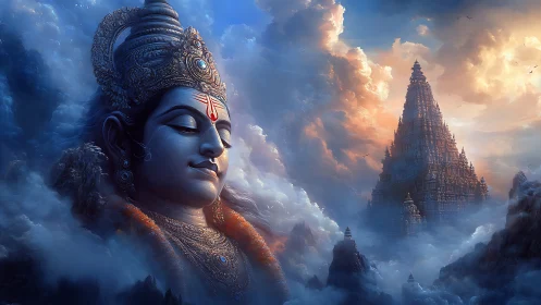 Divine stone figure in clouds near distant temple spire.