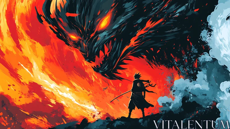 Warrior confronts infernal fire dragon in stylized inferno scene.