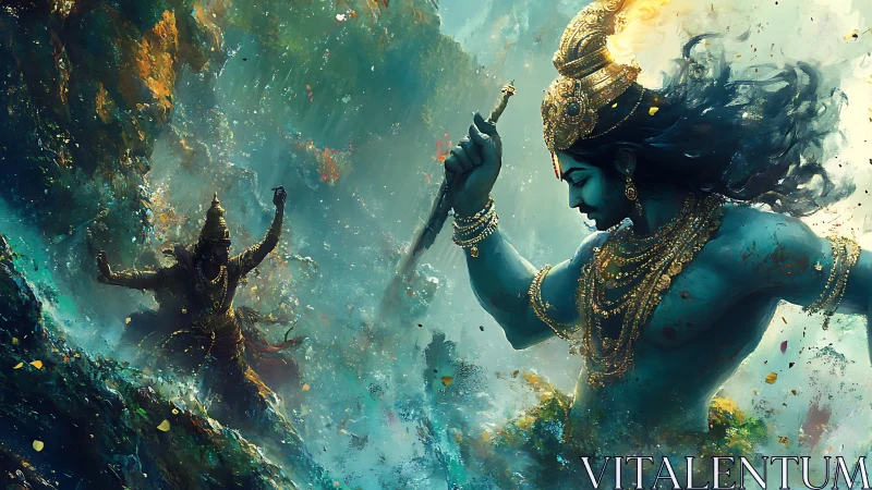 Mythic blue warrior deity in swirling oceanic battle scene.