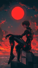 Cyborg silhouette over city under large red moon.