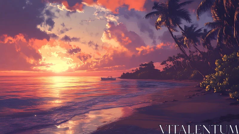 Sunset ignites a tranquil tropical beach with glowing surf