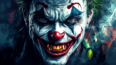 Sinister neon clown grins through stormy painted chaos.