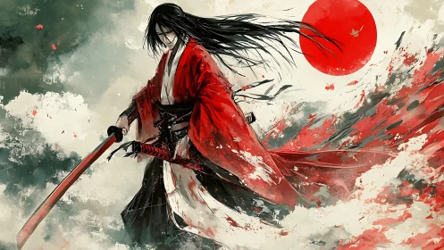 Samurai swordsman in red kimono under rising sun vortex