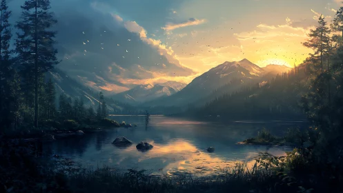 Algorithmic alpine lake horizon under volumetric sunset glow.