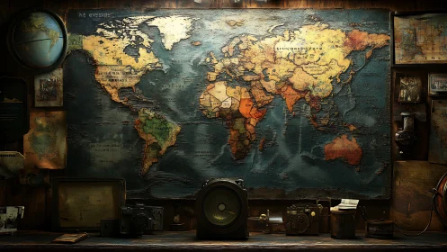 Wall-mounted world map above desk with assorted instruments.