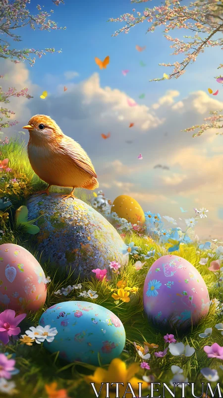 Songbird perches above painted Easter eggs in glowing spring