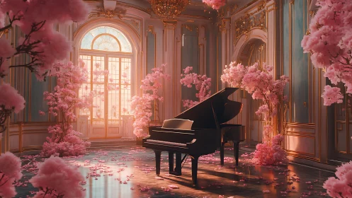 Grand piano rests in ornate hall filled with pink blossoms.