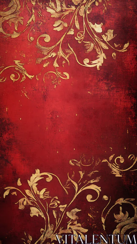 Baroque gold flourishes over distressed crimson backdrop.
