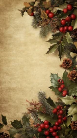 Vintage botanical Christmas border with holly and berries layout.