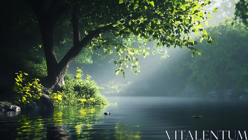 Sunlit forest river bank holds tranquil reflective water