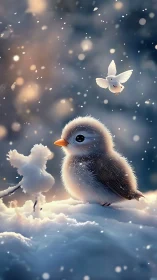 Snowy songbird beside tiny snow figure at dusk.