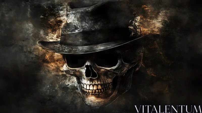 Human skull in fedora hat against dark textured backdrop.