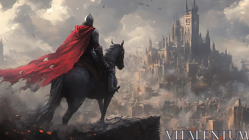 Armored rider surveying storm-laden gothic fortress skyline.