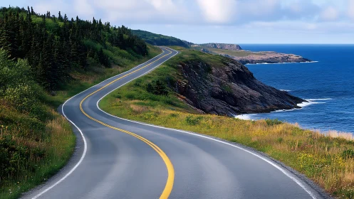 Coastal highway curving along rocky shoreline under clouds.