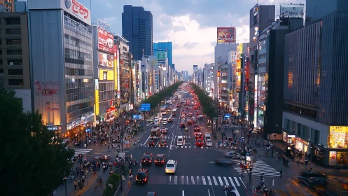 Twilight city avenue packed with traffic and neon signage.